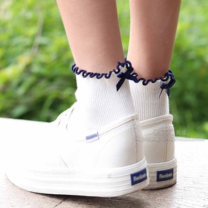 花边短袜女夏可爱蝴蝶结荷叶边日系袜原宿风条纹纯棉单鞋运动袜女