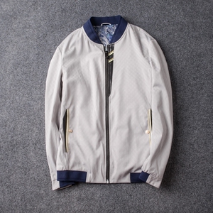 外贸原单 国内剪标款 男士修身拼接皮棒球领休闲夹克 春季男外套