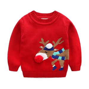 红色圣诞麋鹿男童女童宝宝儿童装套头纯棉毛衣针织衫冬装新年毛衣