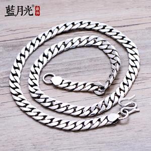 蓝月光 925银饰品复古泰银平纹银项链男士粗款霸气纯银项链宽面扁