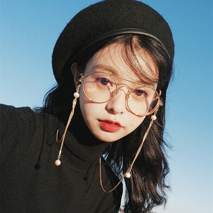 网红同款金丝边眼镜复古文艺大圆金属厚框平光镜带链条珍珠近视女