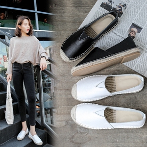 草编渔夫鞋2021春夏韩版真皮平底懒人鞋一脚蹬休闲百搭小白女单鞋