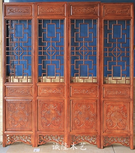 东阳木雕中式仿古格子屏风四扇折叠落地雕花隔断玄关门窗花窗插屏