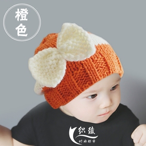 秋冬婴儿套头帽子橙色 0-1岁保暖毛线帽子男女宝宝幼童儿童针织帽