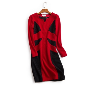 淘宝钡【5w038g】17秋款 台湾品牌 立体剪裁黑红拼色修身毛昵连衣裙