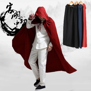黑色战袍帅气无袖披风中式斗篷连帽风衣男中长款长袍风衣外套潮