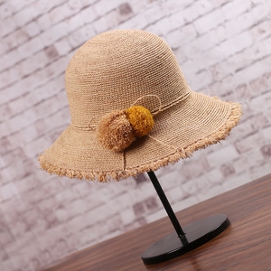 特细手工拉菲草帽子女夏沙滩遮阳太阳帽韩版可爱毛边球球草帽盆帽