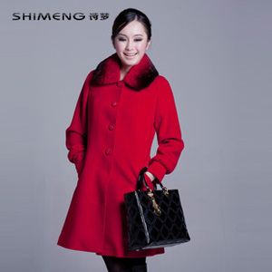 诗梦专柜女装2012冬獭兔毛领韩版修身红色羊毛大衣 穿过一次