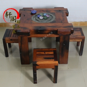 老船木家具古船木方桌茶台茶几实木茶桌椅组合简约中式茶艺桌青石