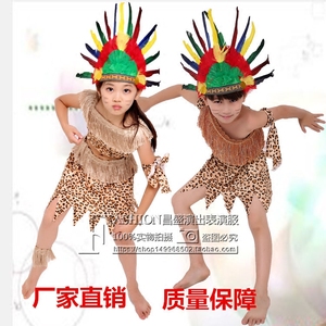 儿童野人演出服非洲鼓印第安人豹纹服猎人表演服成人原始人舞蹈服