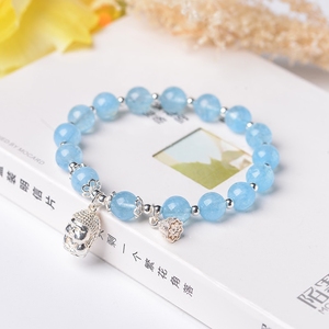 蓝格银石天然海蓝宝手链纯银莲蓬小佛甜美手串简约水晶手链女首饰