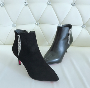 沙秀2018春款单鞋高跟真皮.羊猄皮裸靴尖头细跟潮流女鞋