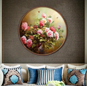 新中式圆形装饰画纯手绘油画牡丹花开富贵欧式晶瓷画美式玄关客厅