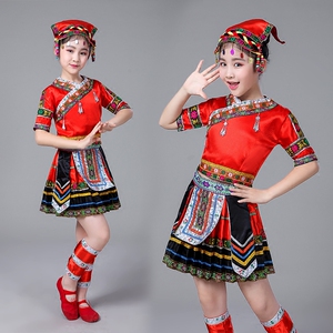 新款女童彝族舞蹈演出服装女红色儿童表演服三月三壮族火把节短裙
