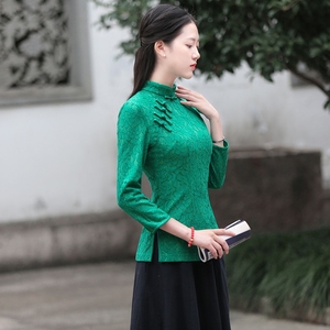 女装 女式t恤 蕾丝女唐装旗袍上衣