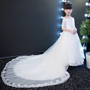 小孩儿童婚纱礼服拖尾裙超长花童钢琴女童走秀主持人演出服公主裙