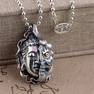 950纯银泰银 复古男银饰品 半佛半魔佛魔一恋之间吊坠 酷炫项坠