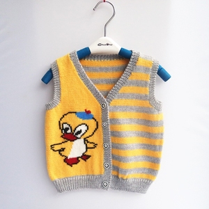 新品~手工编织v领儿童毛衣背心 马甲 小鸭子条纹开衫背心毛线衣
