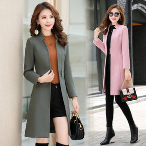 深秋竖领毛呢外套女土修身韩版不带帽泥昵尼孑大衣女中长款森女系