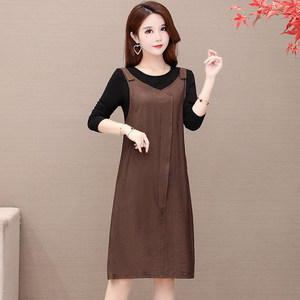 妈妈装中长款裙子春秋季30-40-50岁中年妇女假两件套装背带连衣裙