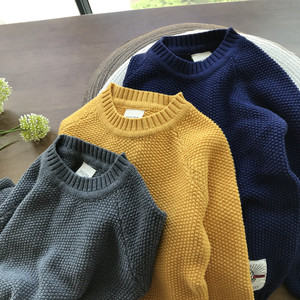 粗棒针手工编织 男童纯色套头毛衣 110-160中大童儿童圆领针织衫