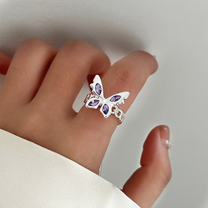 新款紫钻银色蝴蝶戒指甜酷辣妹轻奢小众精致指环设计感开口戒指