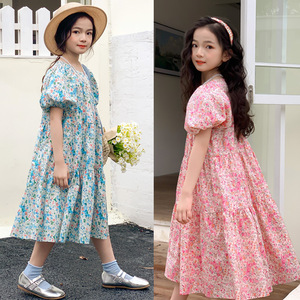 儿童碎花连衣裙夏季韩版亲子女童粉色泡泡袖公主裙中大童沙滩长裙