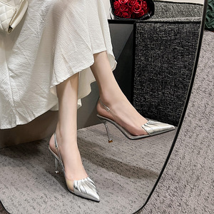 银色性感高跟鞋小码一字带尖头时尚欧美大码透明2023新款包头凉鞋