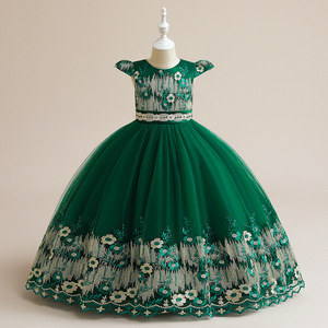 新款2023年女童墨绿色刺绣长款礼服演出连衣裙儿童枣红欧美公主裙