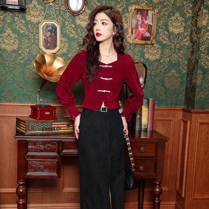 韩版洋气女装女式衬衫春秋装新中式国风复古盘扣红色丝绒长袖衬衣