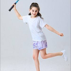 夏季薄款女孩儿童短裤白色短袖户外网球瑜伽服运动衣健身套装速干