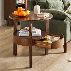 实木小圆桌茶几客厅沙发旁边的圆几边桌圆形小桌子带抽屉60公分高