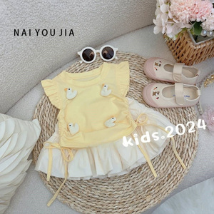 婴童2024年夏季新款可爱童趣立体卡通飞飞袖T恤装黄色小花鸭短袖