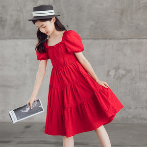 女童红色连衣裙夏装新款中大童韩版短袖裙子洋气儿童泡泡袖公主裙