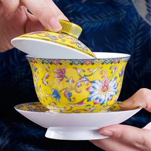 成艺陶瓷珐琅彩绘盖碗大号三才茶碗茶托泡茶杯壶承白瓷功夫茶具