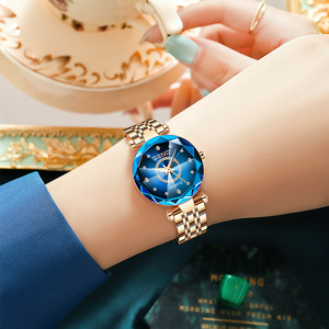 海洋之心品牌星空钻面璀璨多面玻璃实心钢带女士防水石英时尚手表