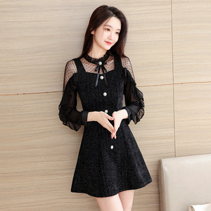 连衣裙清新甜美一步裙中腰蕾丝镂空a字裙纯色雪纺丝绒长袖包臀裙