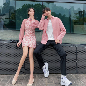 你衣我裙情侣装2022春秋装蕾丝长袖复古旗袍改良连衣裙