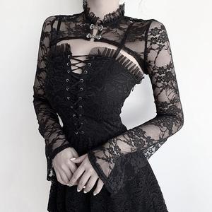 Sexy lace base shirt喇叭袖黑色立领内搭长袖罩衫性感蕾丝打底衫