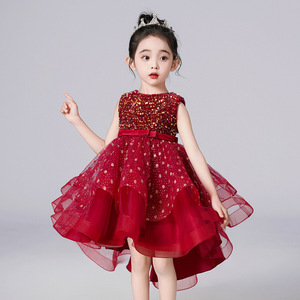 儿童夏季酒红色礼服新款女童墨绿钢琴舞台表演亮片朗诵合唱连衣裙
