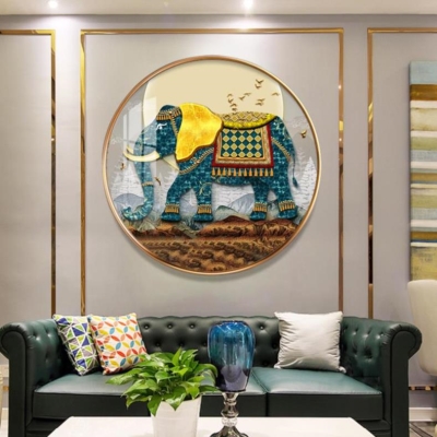 客厅沙发墙招财玻璃面大象单幅高端挂画玄幻装饰玄关圆形壁画