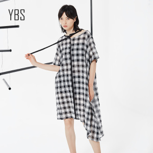 YBS原创设计女装 夏季新款不对称领A字显瘦格纹连衣裙中长裙