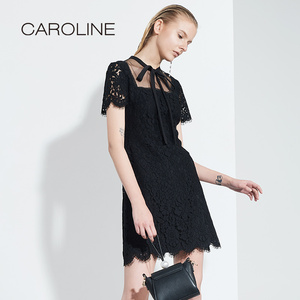 CAROLINE卡洛琳短袖蝴蝶系带气质OL蕾丝连衣裙，很斯文