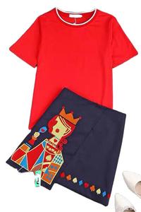 高端定制2019夏装欢乐颂名媛淑女红色短袖T恤 印花半身裙套