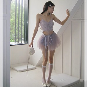 芭蕾风甜美性感紫色系带短款吊带上衣女夏网纱蓬蓬半身裙两件套装