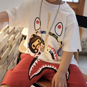 日单原宿潮牌童装猿人鲨鱼图案纯棉圆领短袖T恤迷彩猴子男女童t恤