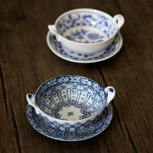 日本进口青花双耳碗复古日式家用陶瓷餐具饭碗面碗菜盘碗碟甜品碗