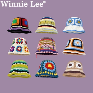 Winnie Lee日系小清新彩色花朵针织渔夫帽子女秋冬季显脸小毛线帽