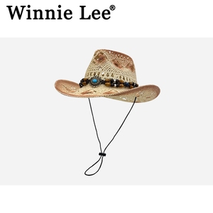 Winnie Lee民族风珠串西部牛仔帽子女户外钓鱼防晒大檐草编遮阳男