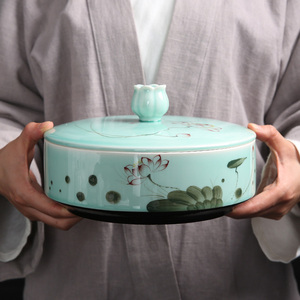 手绘普洱茶饼罐陶瓷茶叶罐 茶叶包装盒青瓷窑变大号家用白茶饼罐